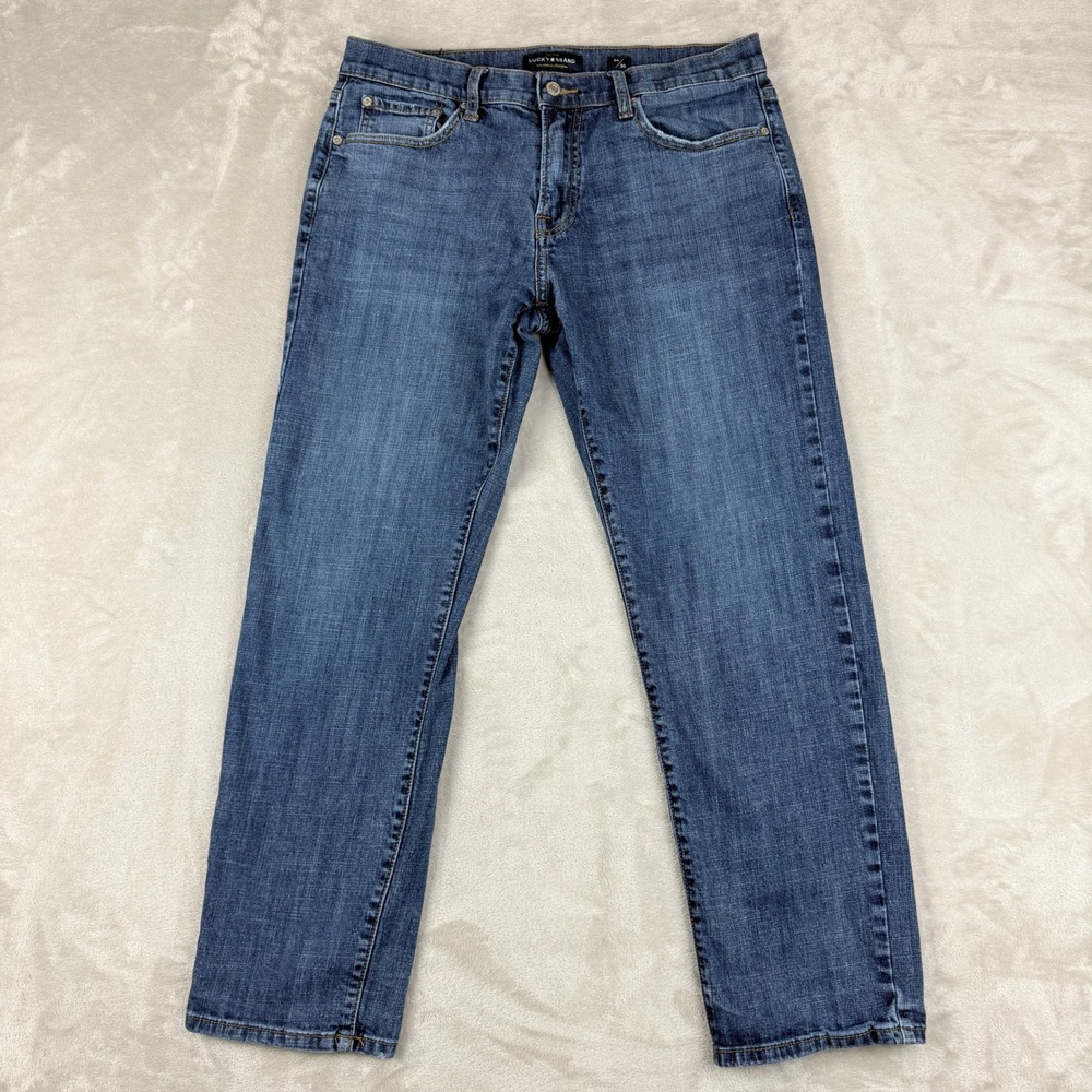 Lucky Brand Jeans Mens 34x30(29.25) Blue 221 Straight Med Wash Whiskers Stretch